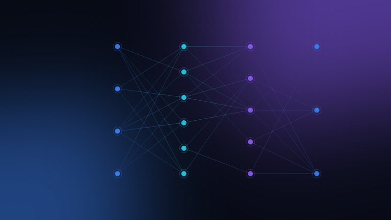 Abstract neural network diagram in blue, cyan and violet