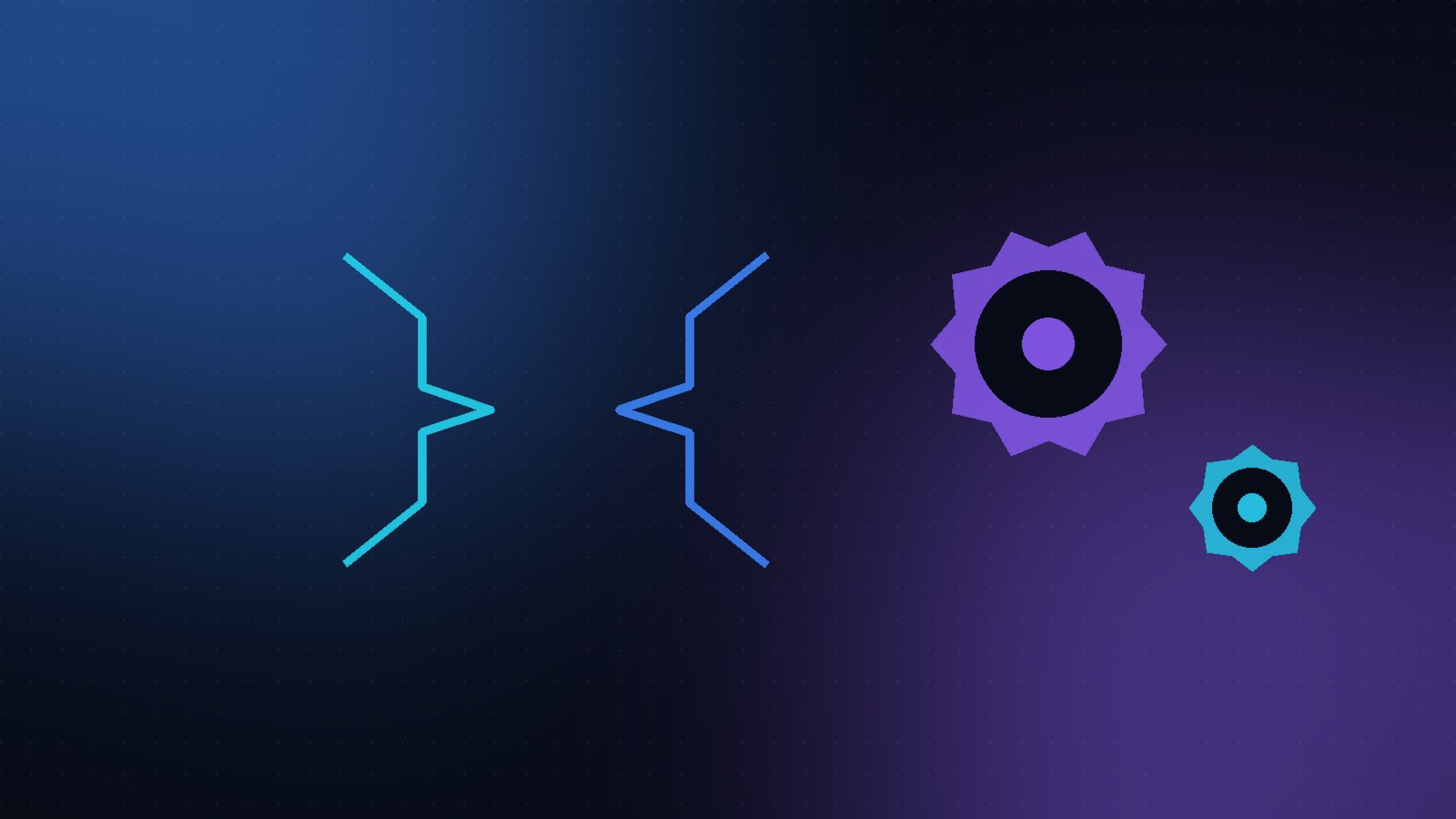 Abstract illustration of code brackets and gears representing software and automation